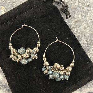 Denim Blue & Silver Bead Cluster on Wire Hoop Earrings-Boutique